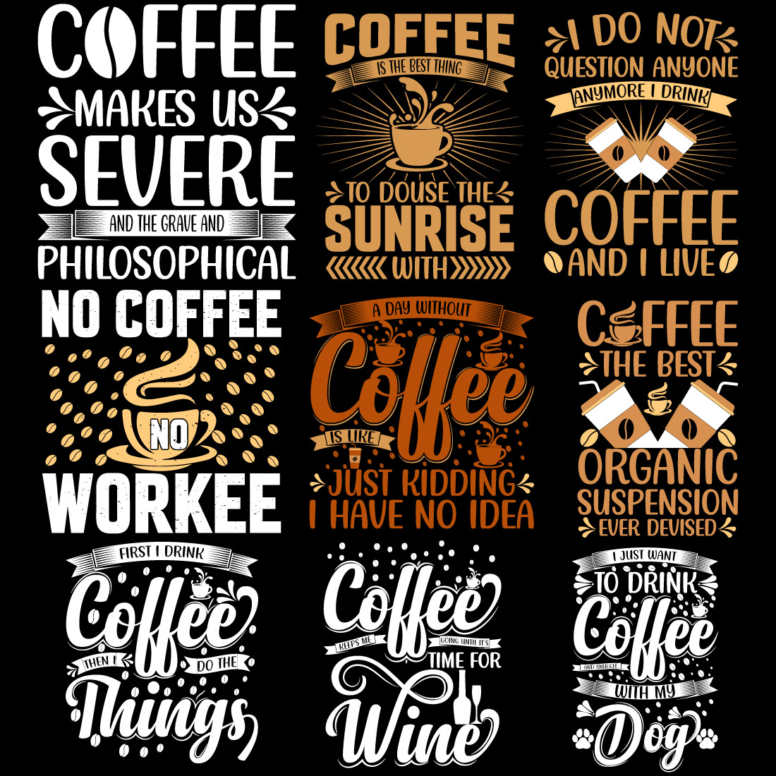 9 Coffee Typography SVG Bundle T-shirt Design Vector Template preview image.