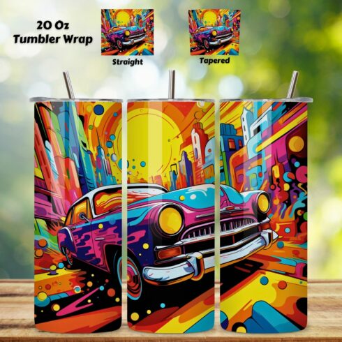 Pop Art Cars Tumbler Sublimation Wrap, 20oz PNG, car tumbler wrap, classic car tumbler, muscle car tumbler, old car tumbler, sublimation design cover image.
