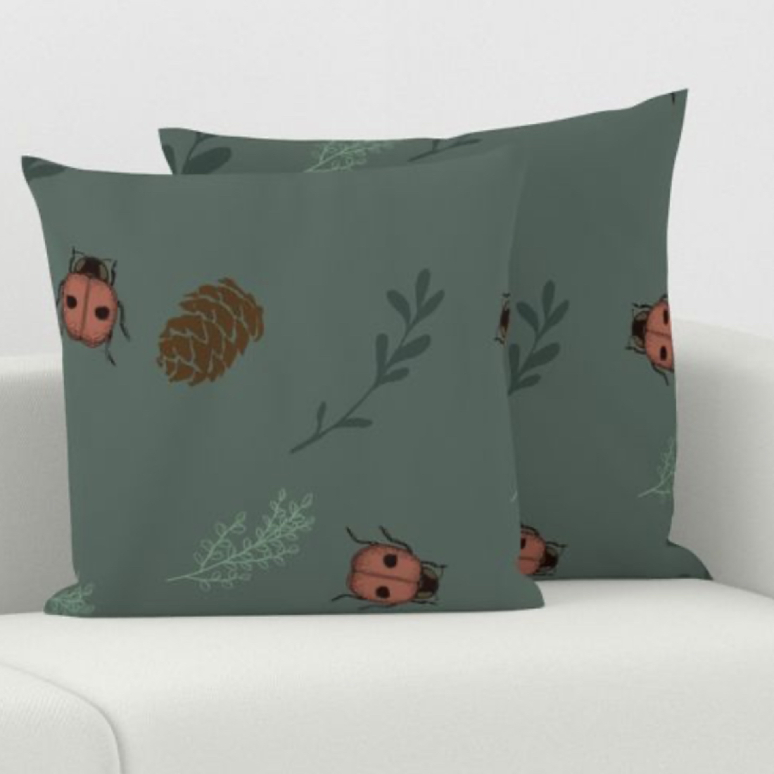 InkNature Delight: Ladybug & Pine Cone Green Seamless Pattern preview image.