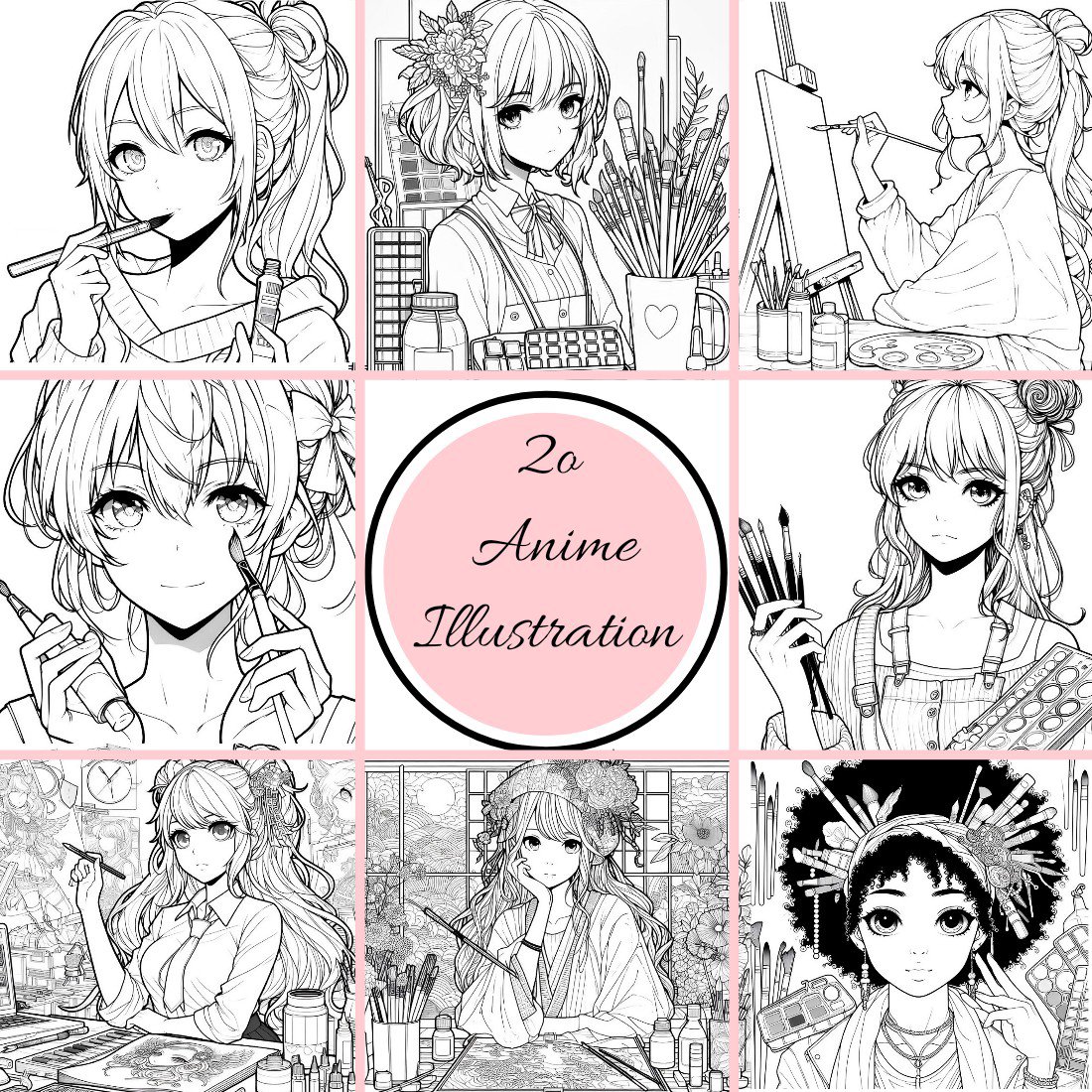 Anime Artistry Collection: 20 Exquisite Digital Coloring Pages - Instant Download PDF and JPG - Manga Girls, Anime Illustrations, Best Seller, Unique Creations, New Releases, Top-Rated Digital Book for Creative Enthusiasts cover image.