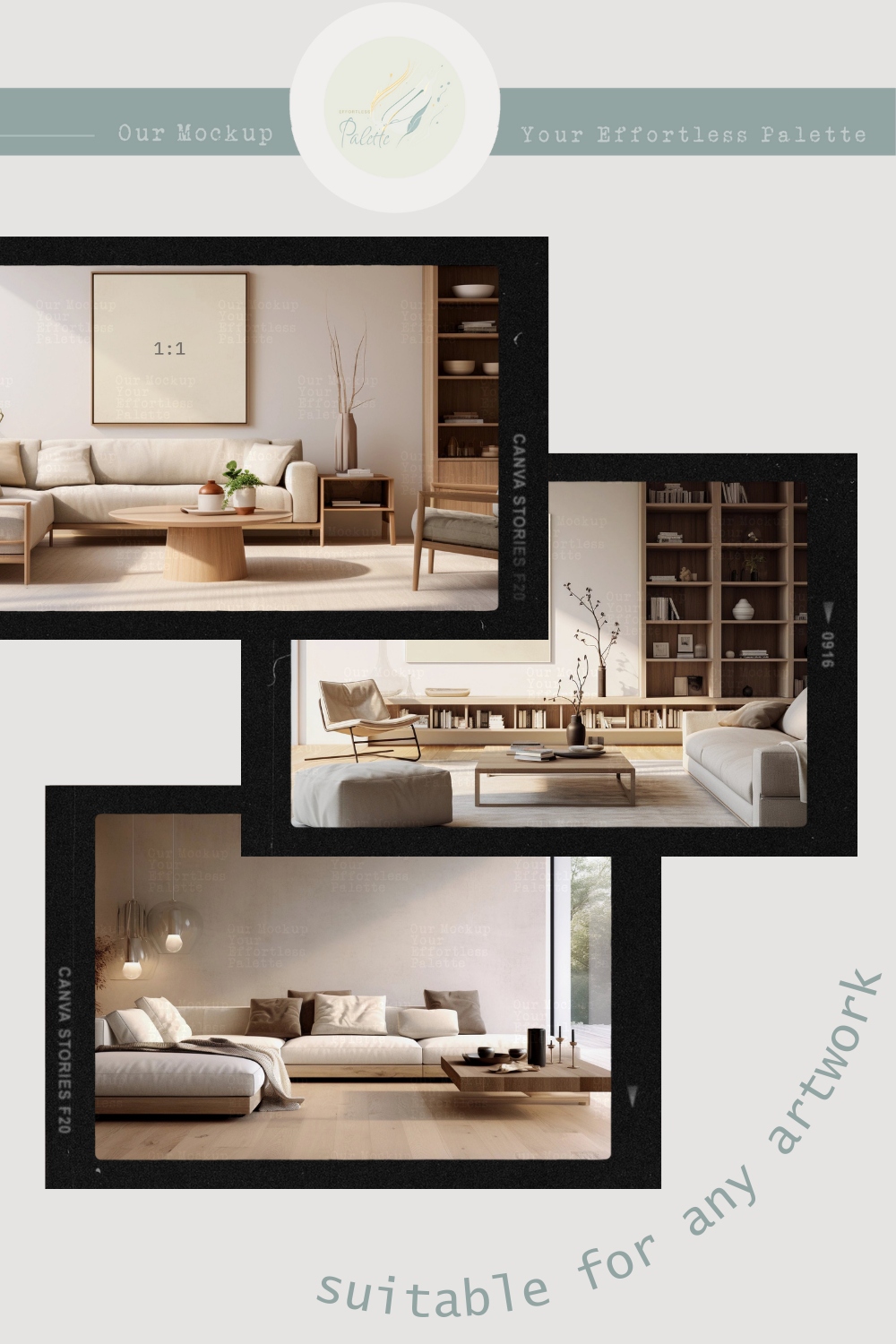 Four Frame Mockup Bundle, modern interior living room, jpg png & psd w/ smart object pinterest preview image.