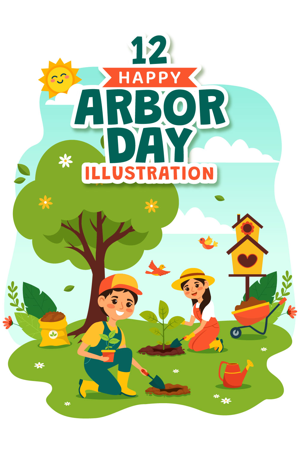 12 Happy Arbor Day Illustration pinterest preview image.
