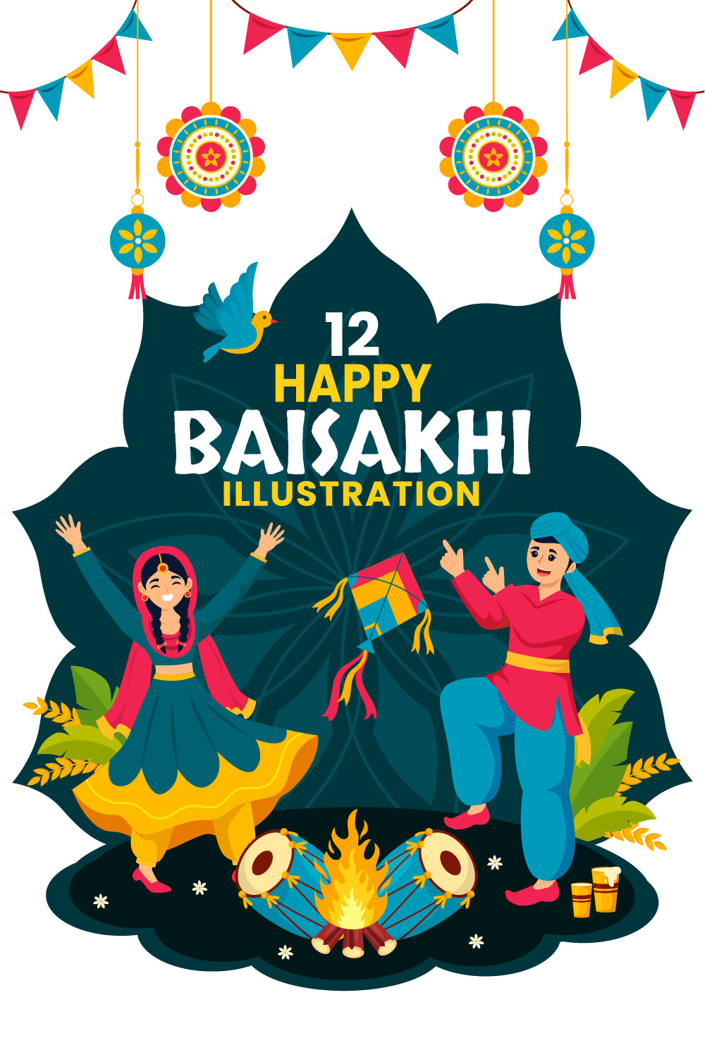 12 Happy Baisakhi Illustration pinterest preview image.