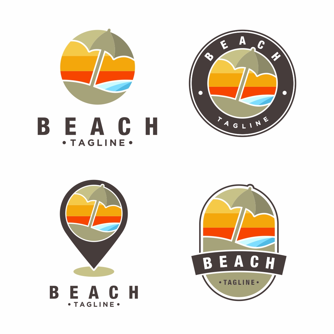 Beach logo design collection with beach umbrella Vector - only 10$ preview image.