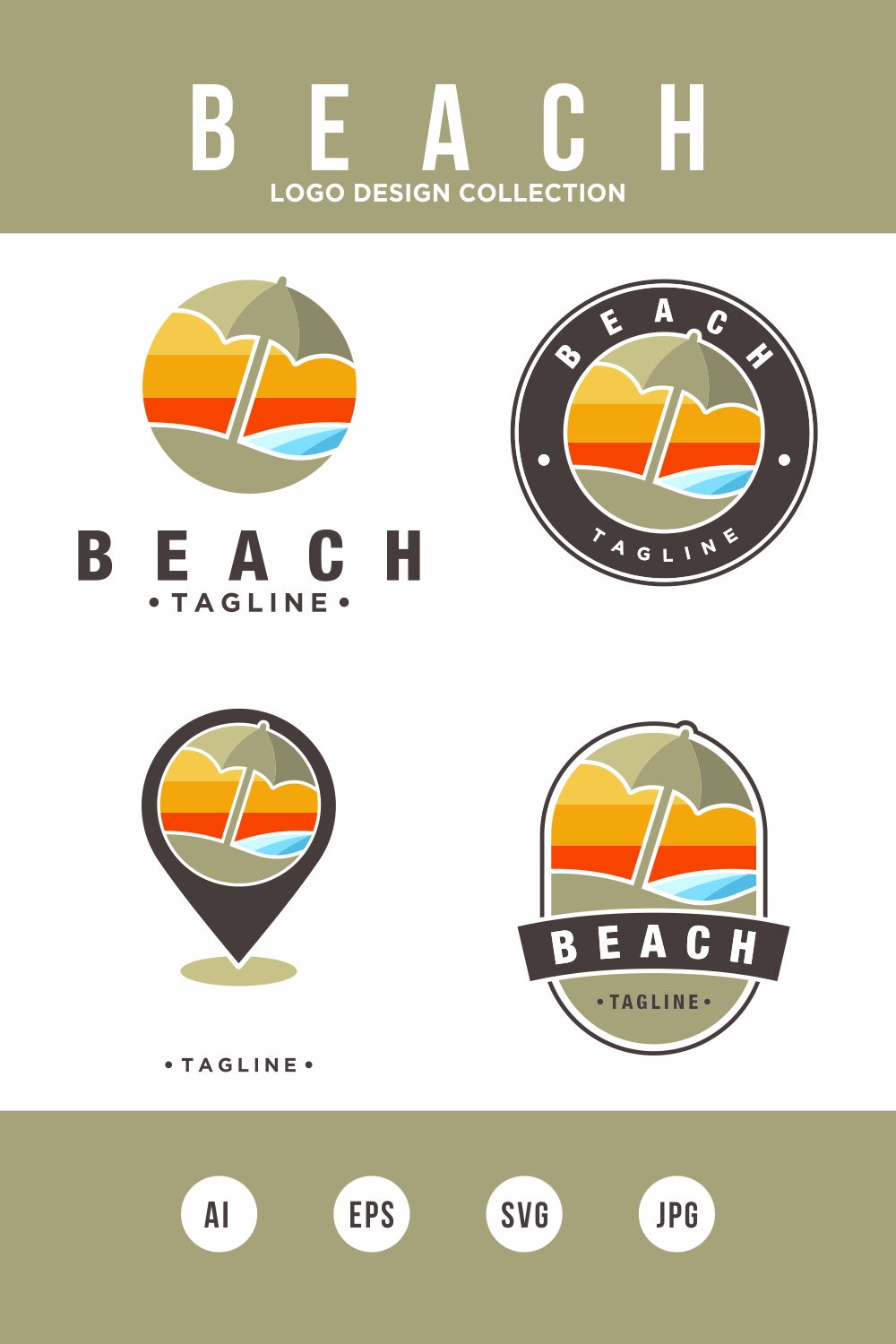 Beach logo design collection with beach umbrella Vector - only 10$ pinterest preview image.