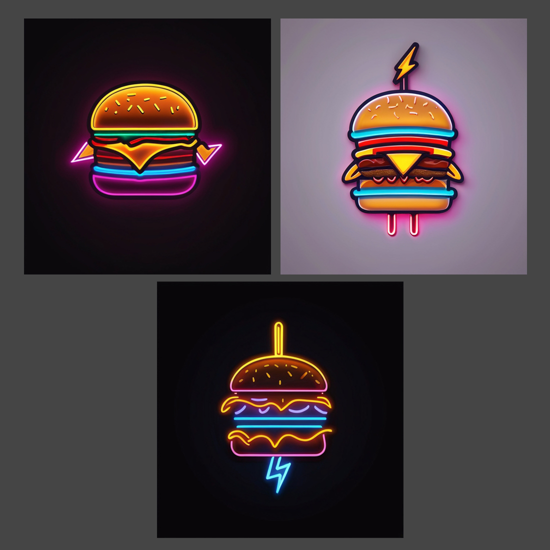 Burger - Neon Light 3D Effects Logo Design Template preview image.