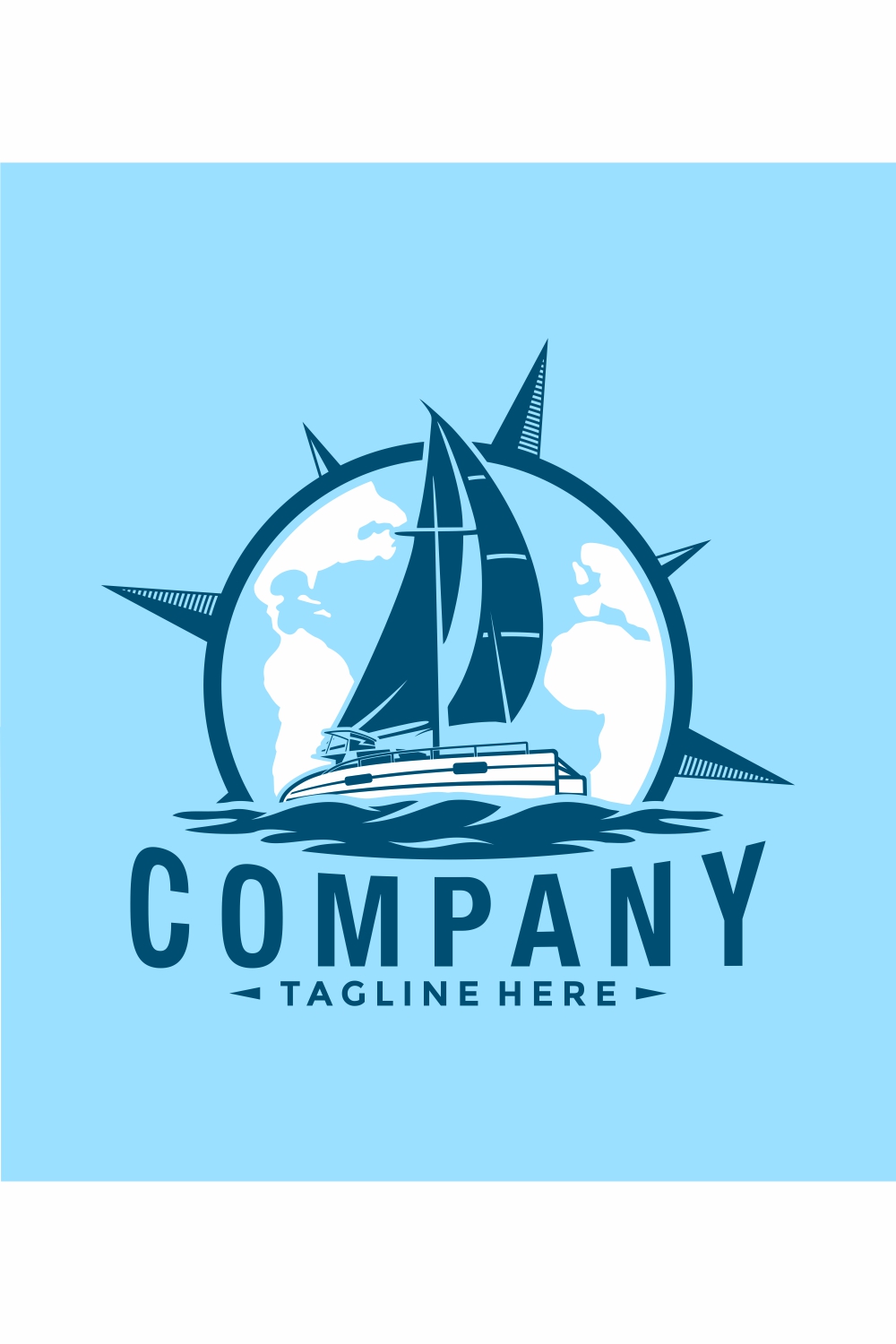 Catamaran, Yacht and Boat Symbol Logo Design with compass background - only 10$ pinterest preview image.