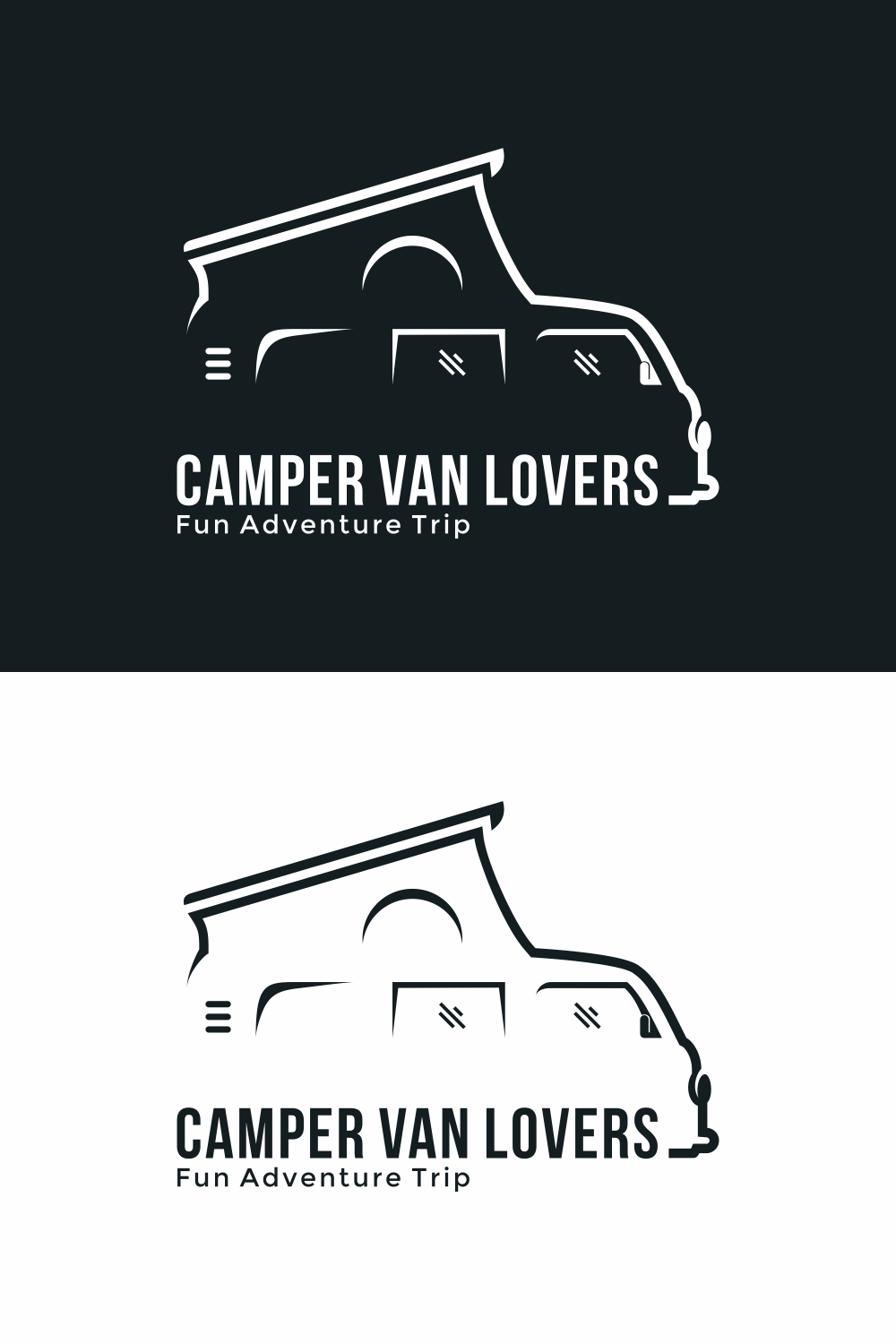 Camper van or recreational vehicle (RV) adventure car logo template, Travel and leisure vector design - only 8$ pinterest preview image.