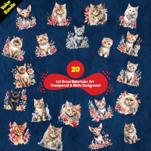 20 Packs of Watercolor Cat Breeds Illustrations cover image.