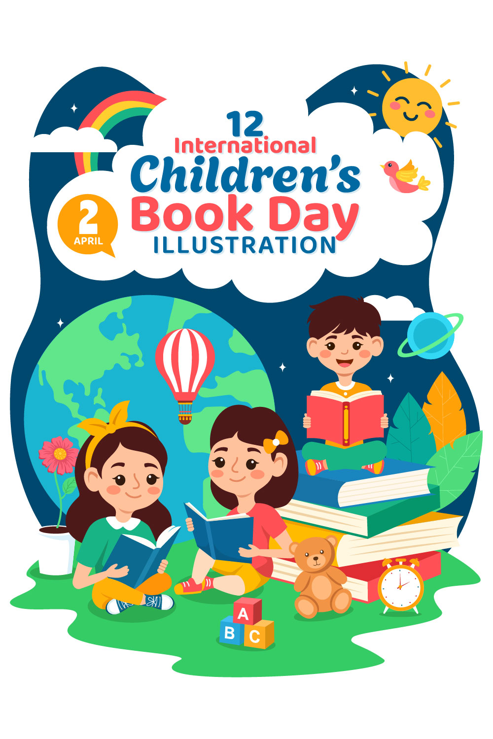 12 International Children Book Day Illustration pinterest preview image.