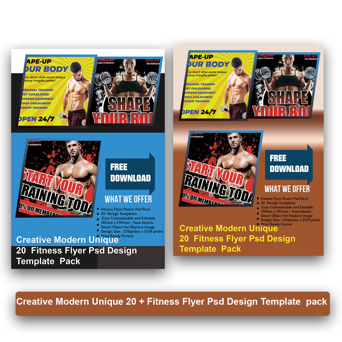 Creative Modern Unique 20 + Fitness Flyer PSD Design Template pack preview image.