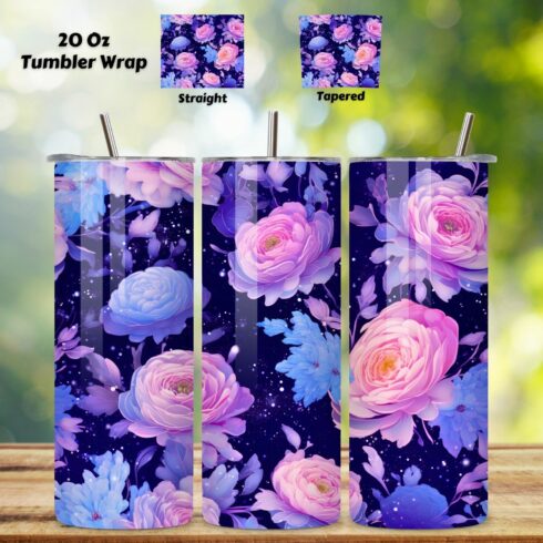 3D Floral Mirage Tumbler Wrap, Seamless Night Sky PNG, 20 oz skinny tumbler, butterfly tumbler, designs downloads, digital download, floral tumbler png cover image.