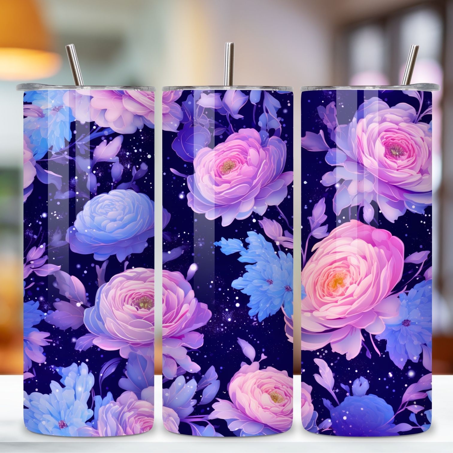 3D Floral Mirage Tumbler Wrap, Seamless Night Sky PNG, 20 oz skinny tumbler, butterfly tumbler, designs downloads, digital download, floral tumbler png preview image.