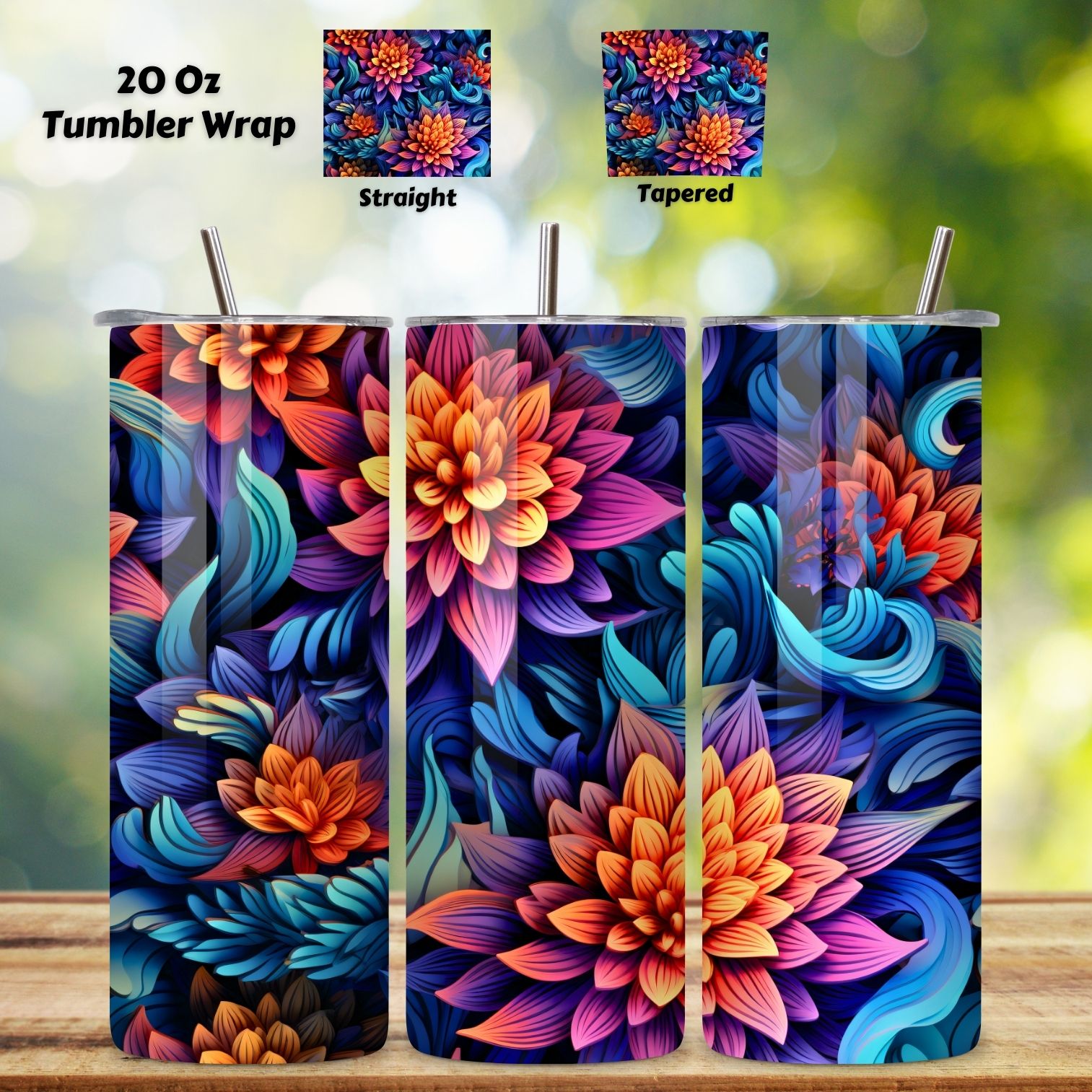 Futuristic 3D Petal Tumbler Wrap, Seamless Symphony PNG, floral tumbler png, for tumblers, glitter tumbler, rainbow tumbler, spring floral, sublimation design preview image.