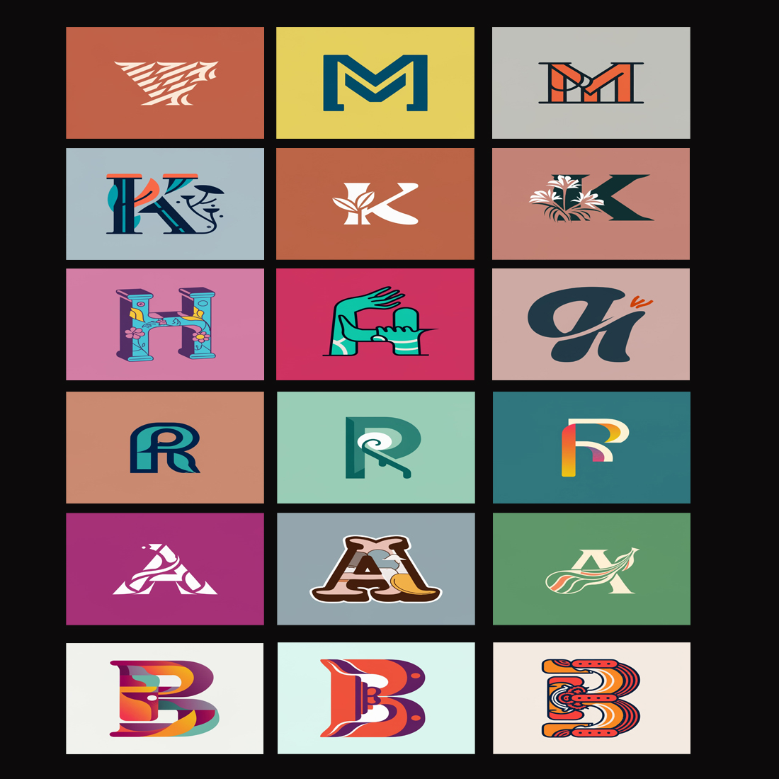 Illustration Letter Logo Design Template M, K, H, R, A, B  Total = 18 preview image.