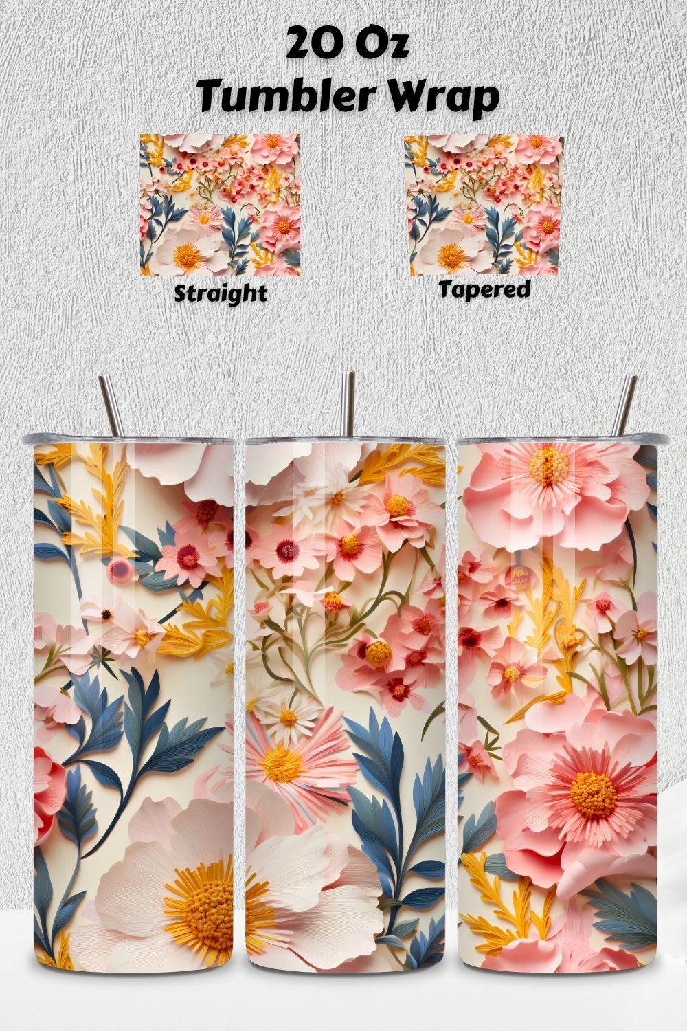 3D Wildflowers in Spring Tumbler Wrap | Seamless Wrap Design, Rainbow vibrant glitter Floral Tumbler Wrap, Sublimation Design, 20 oz Skinny Tumbler, Groovy Flower pinterest preview image.