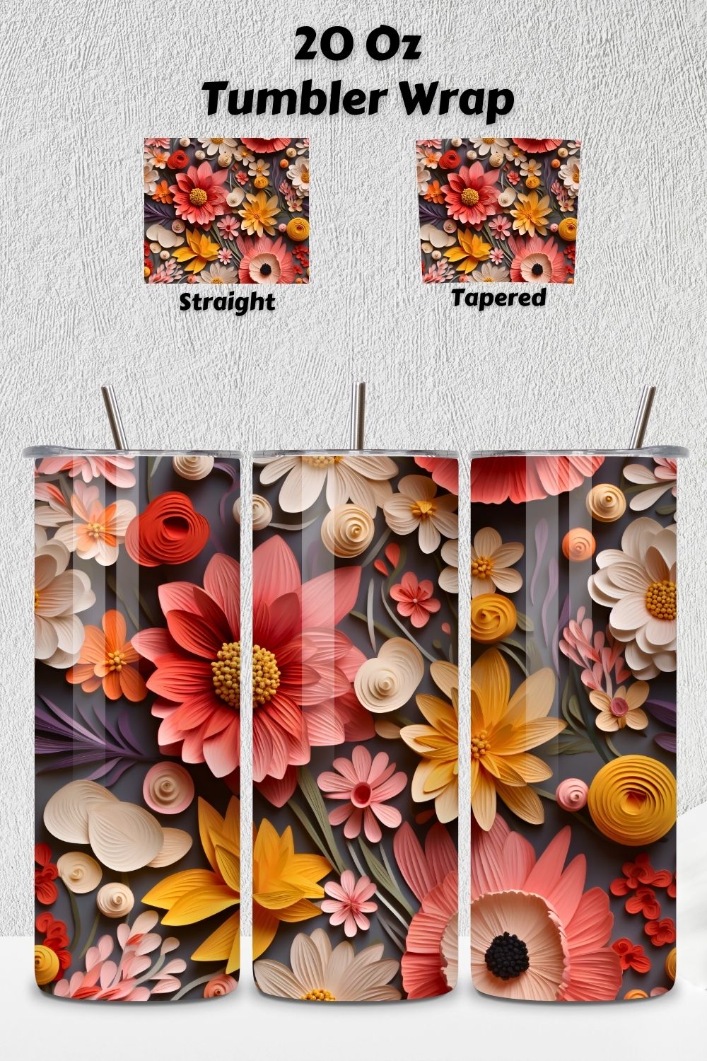 3D Wildflowers Tumbler Wrap | Seamless Wrap Design, spring, Rainbow vibrant glitter Floral Tumbler Wrap, Sublimation Design, 20 oz Skinny Tumbler, Groovy Flower pinterest preview image.