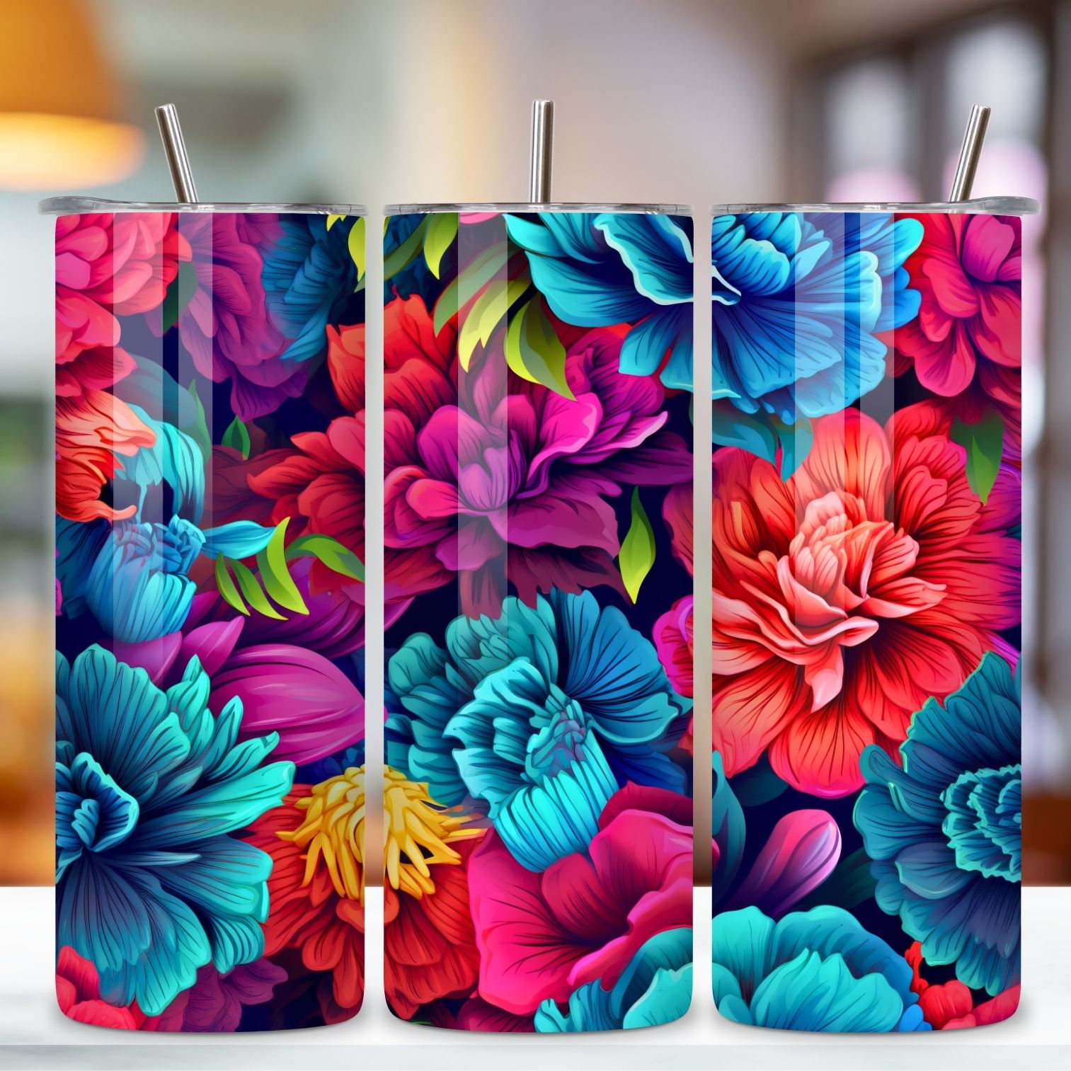 Seamless Neon Garden Tumbler Wrap, Floral Fantasy, 3D Neon Botanical 20 oz Skinny Tumbler Sublimation Designs, Straight And Tapered Tumbler Wrap, Tumbler PNG, Floral Tumbler preview image.