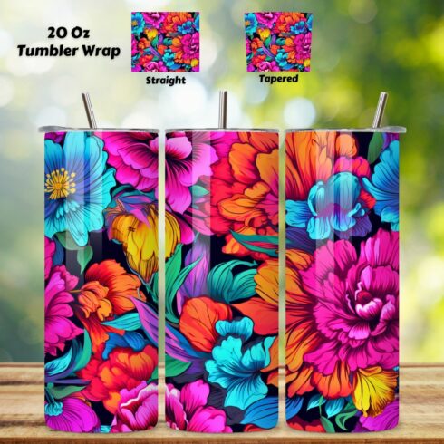 3D Luminous Flower Tumbler wrap, Seamless PNG Wrap, 3D Neon Botanical 20 oz Skinny Tumbler Sublimation Designs, Straight And Tapered Tumbler Wrap, Tumbler PNG, Floral Tumbler cover image.