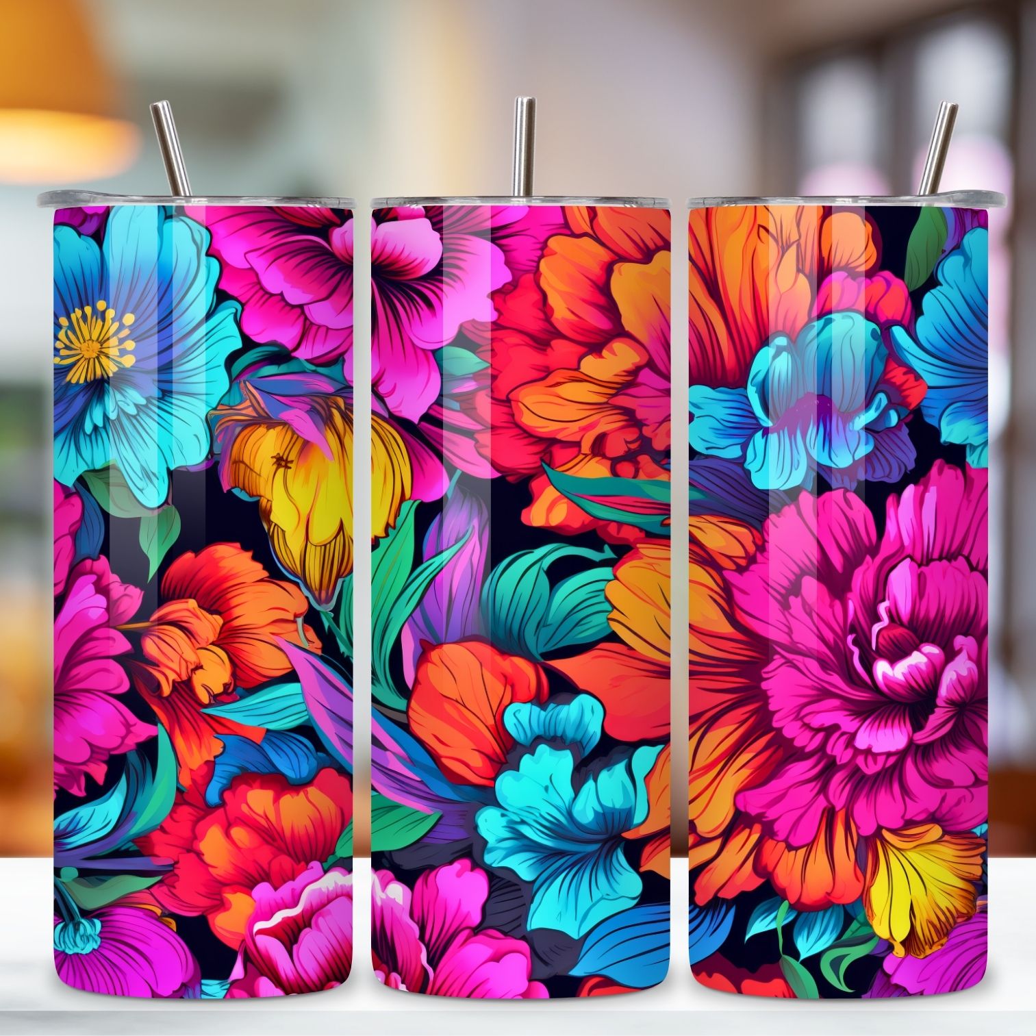 3D Luminous Flower Tumbler wrap, Seamless PNG Wrap, 3D Neon Botanical 20 oz Skinny Tumbler Sublimation Designs, Straight And Tapered Tumbler Wrap, Tumbler PNG, Floral Tumbler preview image.