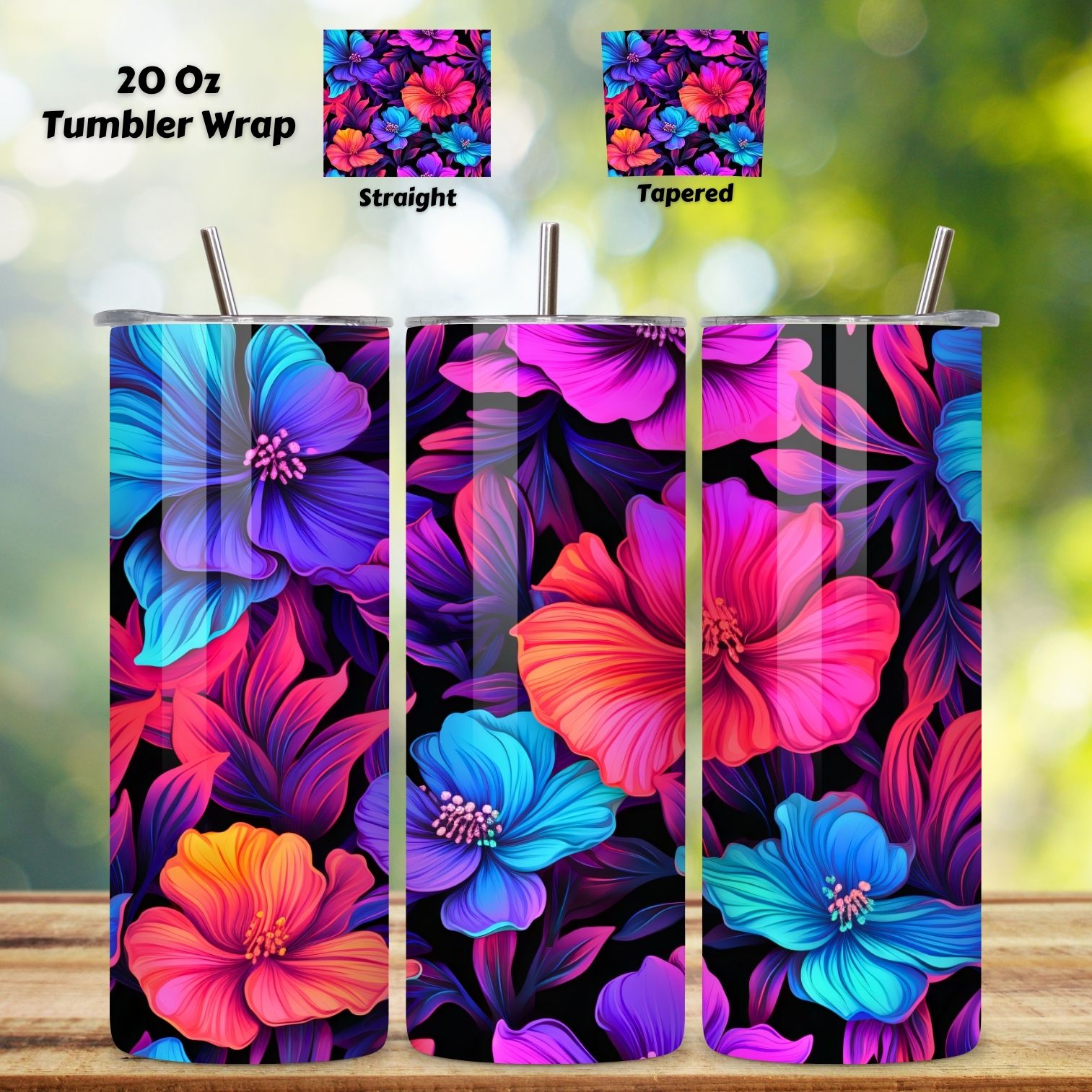 Vivid Neon Bloom Tumbler wrap, Seamless PNG Wrap, 20 oz tumbler wrap, 3d flowers png, 3d neon, 3d tumbler wrap, floral tumbler, neon botanical cover image.