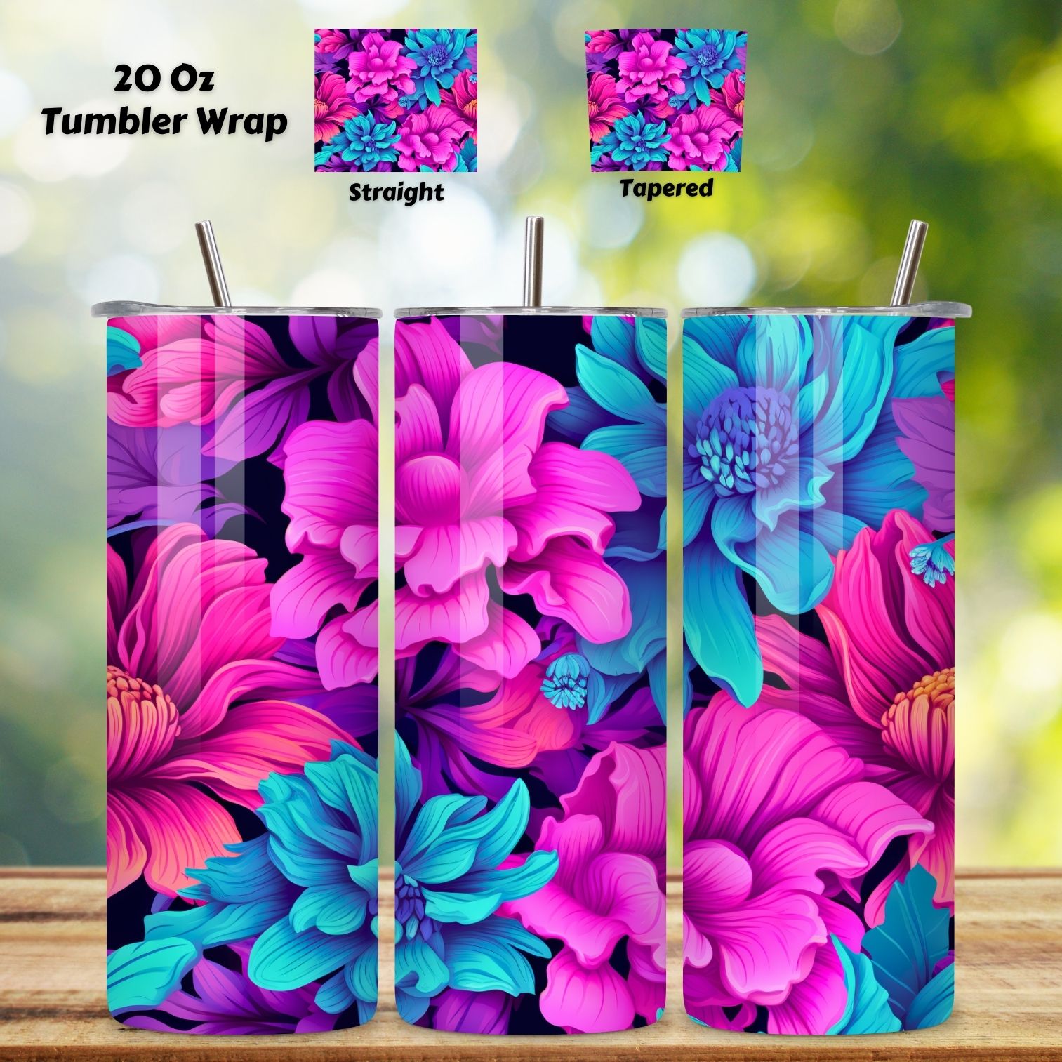 3D Neon Floral Fantasy Tumbler wrap, Seamless Wrap PNG, 3D Neon Botanical 20 oz Skinny Tumbler Sublimation Designs, Straight And Tapered Tumbler Wrap, Tumbler PNG, Floral Tumbler cover image.