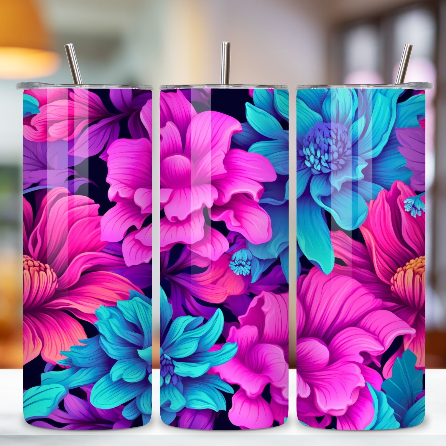 3D Neon Floral Fantasy Tumbler wrap, Seamless Wrap PNG, 3D Neon Botanical 20 oz Skinny Tumbler Sublimation Designs, Straight And Tapered Tumbler Wrap, Tumbler PNG, Floral Tumbler preview image.