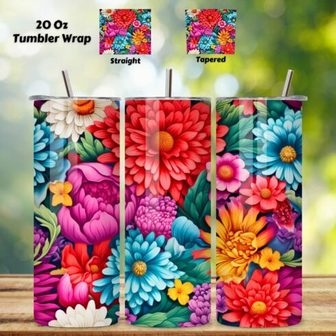 3d Floral tumbler, 20oz Skinny Tumbler Sublimation Designs Tumbler PNG File Digital Download, Colorful Flowers cover image.