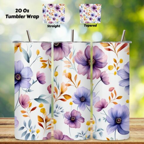 Flowers Tumbler Wrap, Sublimation PNG design, Watercolor, 20 oz skinny, 20 oz tumbler, floral tumbler, flower tumbler cover image.