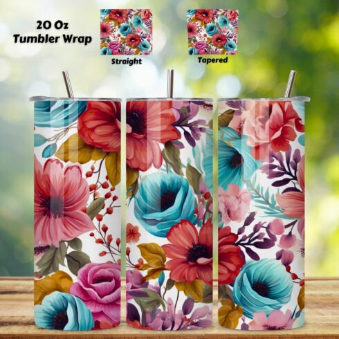 Tumbler Wrap, Watercolor Floral Design, 20 oz Skinny PNG, 20 oz skinny, 20 oz tumbler, floral tumbler, flower tumbler cover image.