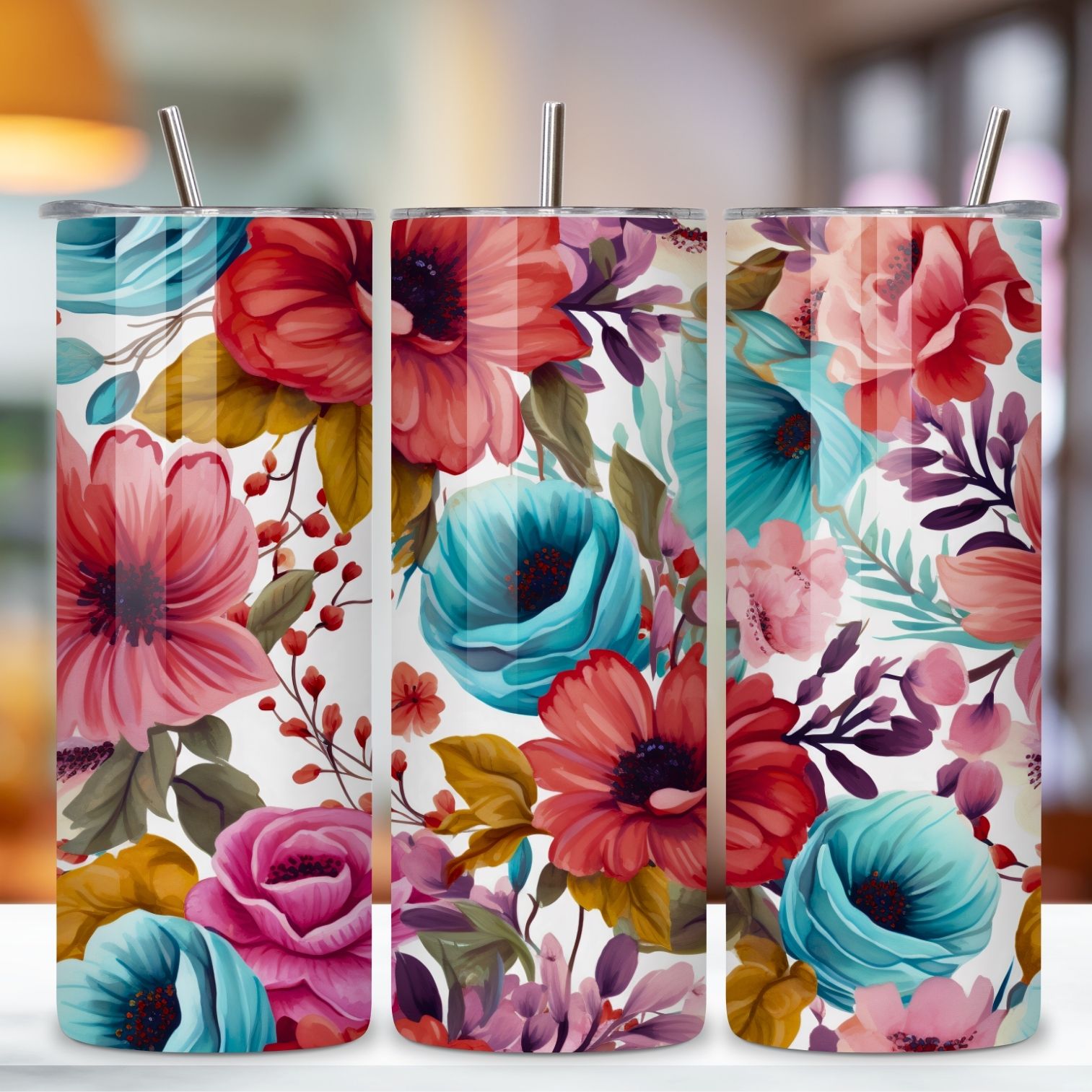 Tumbler Wrap, Watercolor Floral Design, 20 oz Skinny PNG, 20 oz skinny, 20 oz tumbler, floral tumbler, flower tumbler preview image.