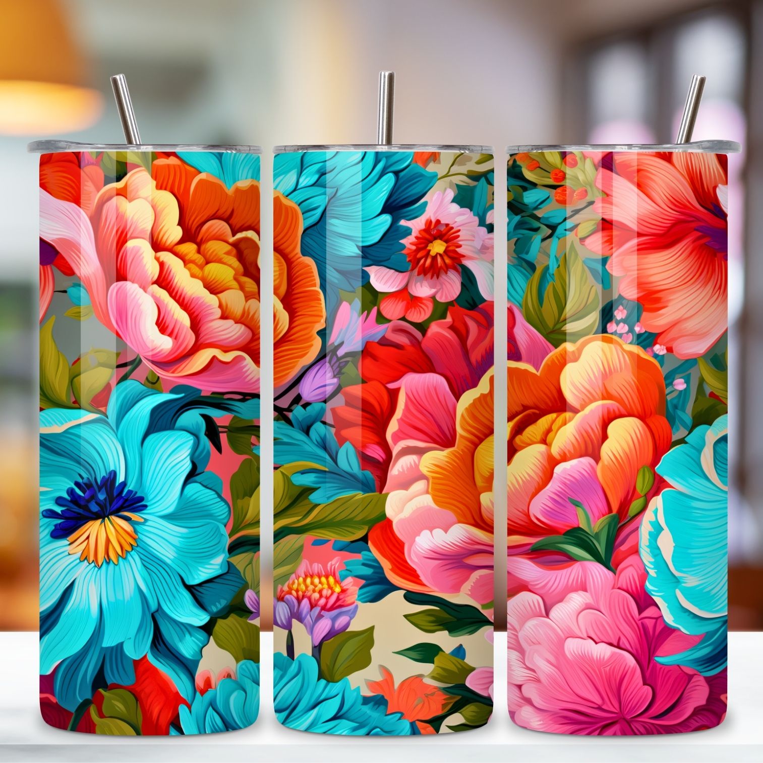 Floral 3D Tumbler Wrap, Seamless PNG Design, Seamless 3D PNG, 3d Floral tumbler, 20oz Skinny Tumbler Sublimation Designs Tumbler PNG File Digital Download, Colorful Flowers preview image.