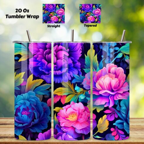 Luminous Garden Tumbler Wrap, Seamless Neon PNG, Floral, 3D Neon Botanical 20 oz Skinny Tumbler Sublimation Designs, Straight And Tapered Tumbler Wrap, Tumbler PNG, Floral Tumbler cover image.