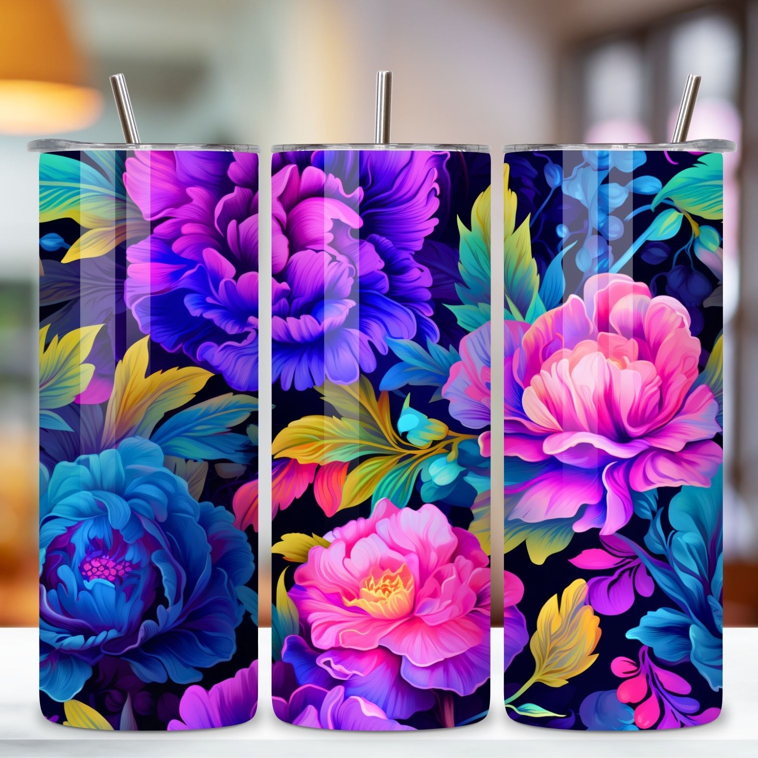 Luminous Garden Tumbler Wrap, Seamless Neon PNG, Floral, 3D Neon Botanical 20 oz Skinny Tumbler Sublimation Designs, Straight And Tapered Tumbler Wrap, Tumbler PNG, Floral Tumbler preview image.