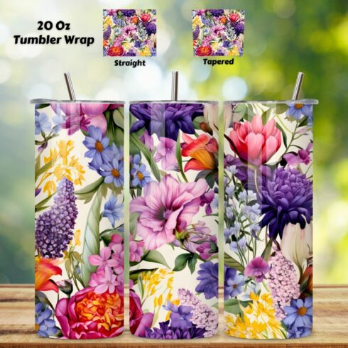 Watercolor Flowers 20 oz, Skinny Tumbler Wrap, Sublimation, 20 oz skinny tumbler, boho tumbler, designs downloads, digital download, mama tumbler cover image.