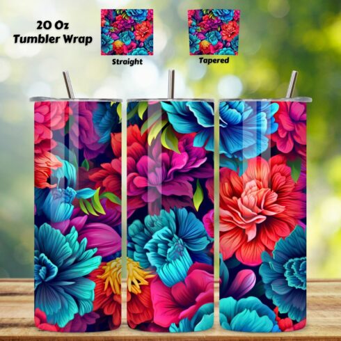 Seamless Neon Garden Tumbler Wrap, Floral Fantasy, 3D Neon Botanical 20 oz Skinny Tumbler Sublimation Designs, Straight And Tapered Tumbler Wrap, Tumbler PNG, Floral Tumbler cover image.