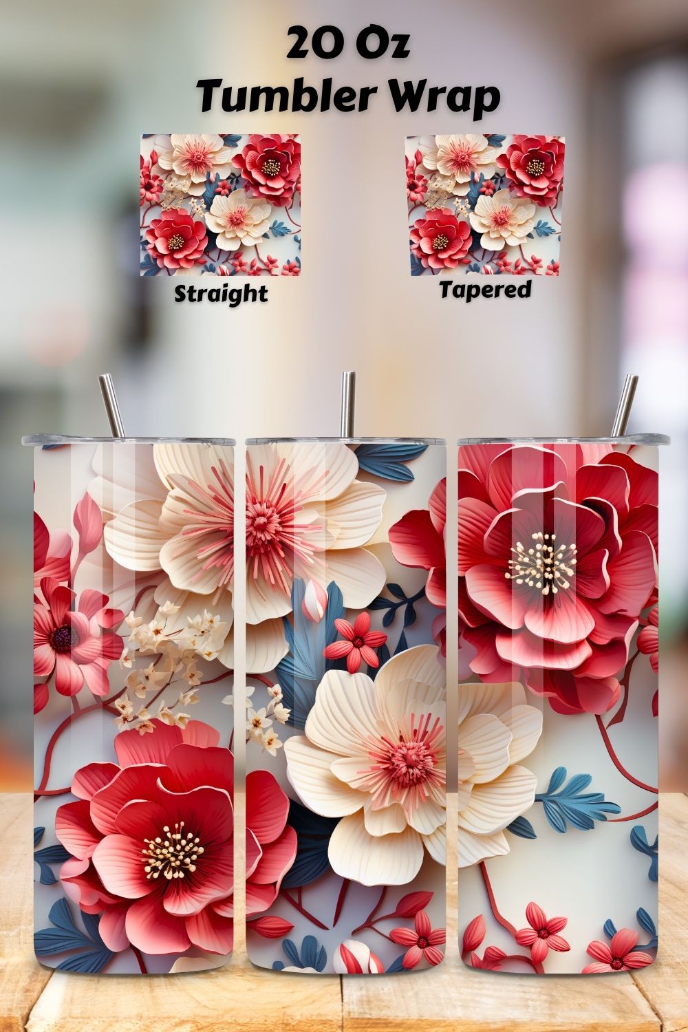 3D Floral Tumbler Wrap, Floral Tumbler Wrap, 3D Flowers 20oz Tumbler Sublimation Designs, Tumbler Wraps pinterest preview image.