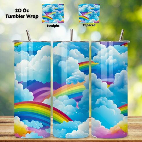 Rainbow Cloudscape Tumbler Wrap | Seamless Wrap Design, 20oz tumbler wrap, children tumbler, digital download, rainbow cloud, rainbow tumbler wrap, straight tumbler png cover image.
