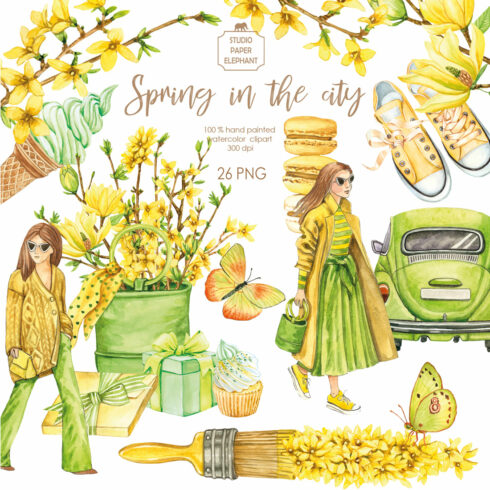 Watercolor spring yellow-green clipart, Forsythia clipart, Girls in yellow-green clothes clipart, Bouquets of yellow spring flowers, PNG cover image.