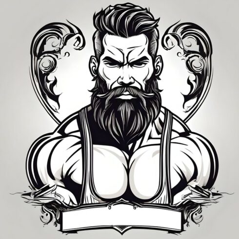 Brutal man, beard, logo, black and white, barbershop cover image.