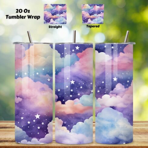 Celestial Watercolor Sky Tumbler Wrap, Seamless Tumbler Wrap, galaxy design, novelty png design, printable vinyl, stars design, sublimation images cover image.