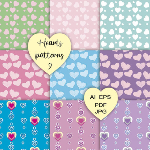 9 Vector seamless hearts patterns cover image.