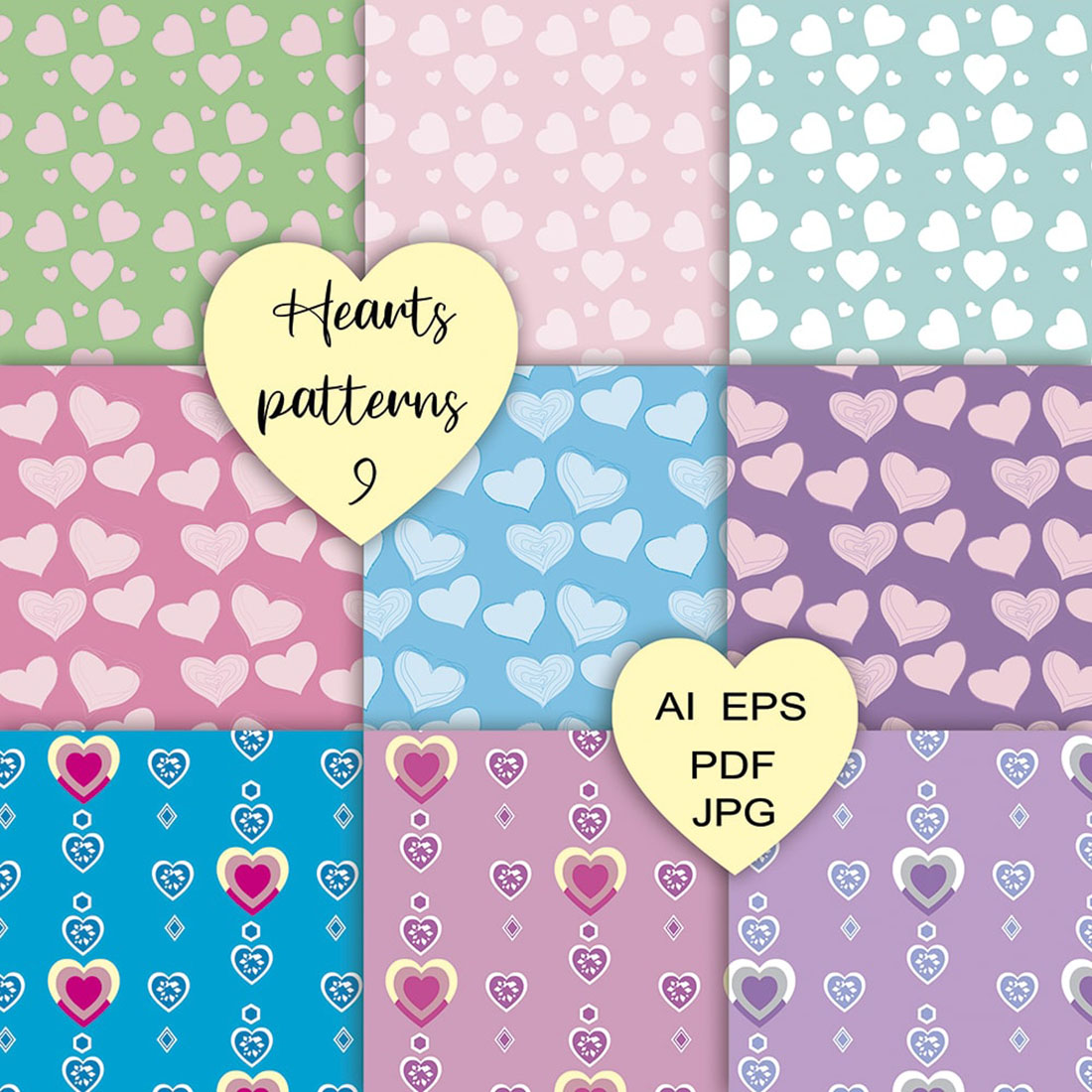 9 Vector seamless hearts patterns cover image.