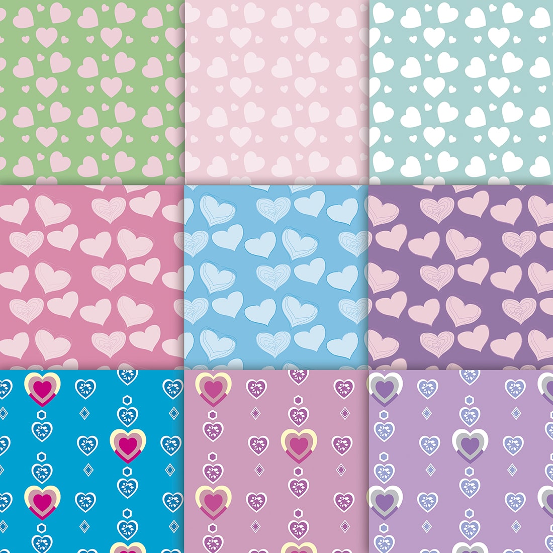 9 Vector seamless hearts patterns preview image.