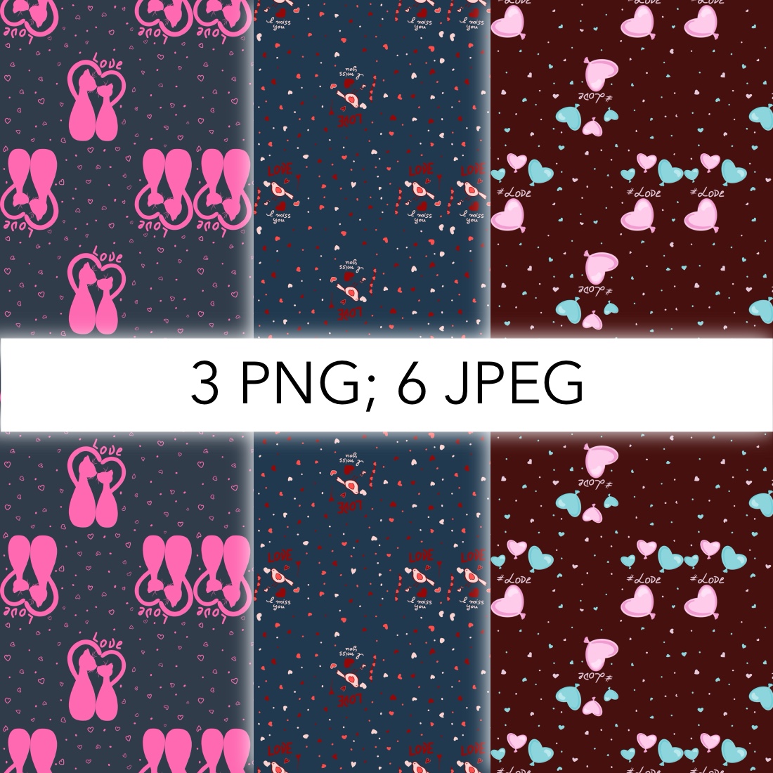 3 love seamless patterns with hearts preview image.