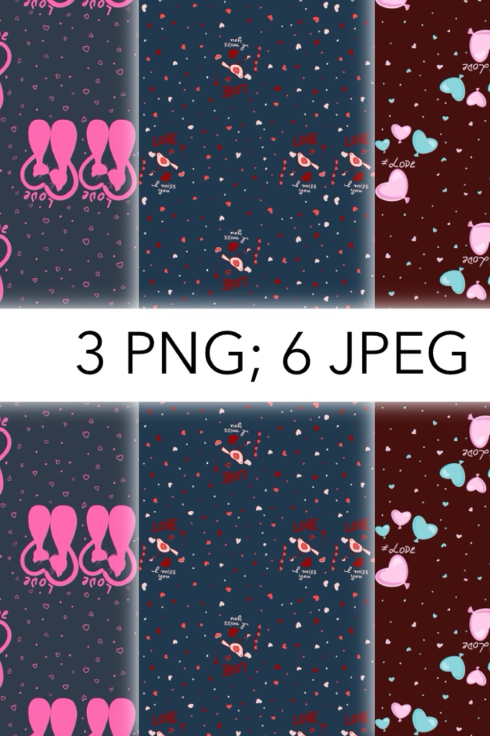 3 love seamless patterns with hearts pinterest preview image.