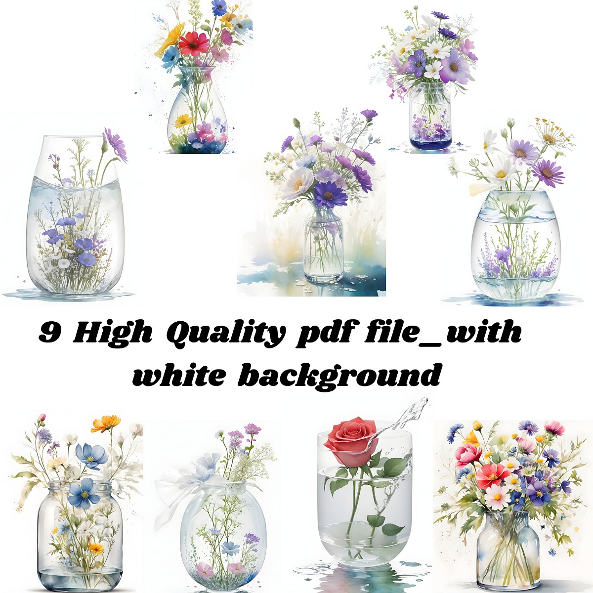 Watercolor Floral Elegance - Set of 9 Vase of Flowers Clipart Images cover image.