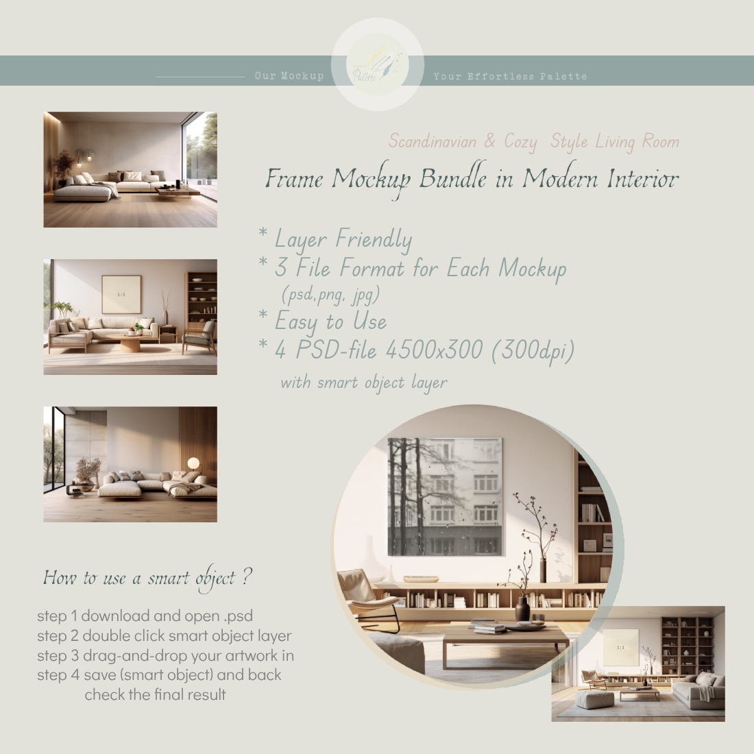 Four Frame Mockup Bundle, modern interior living room, jpg png & psd w/ smart object preview image.