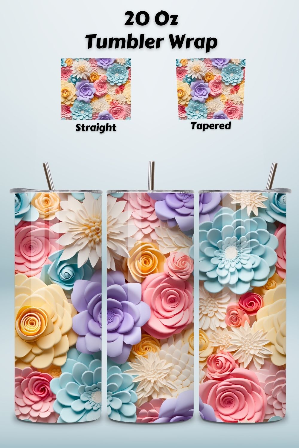3D Pastel Roses 20 oz Skinny Tumbler Sublimation Design, 3d Pastel Flowers Straight & Tapered Tumbler Wrap PNG pinterest preview image.