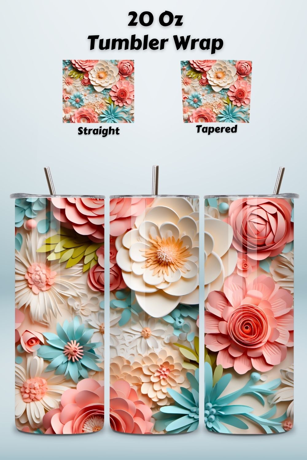 3D Pastel Flowers 20 oz Skinny Tumbler Sublimation Design, Straight And Tapered Tumbler Wrap, Instant Digital Download PNG pinterest preview image.